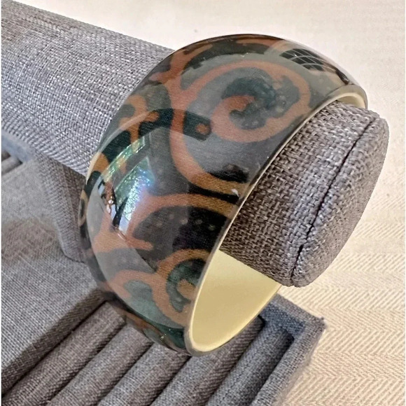 Lucite Acrylic Bangle Bracelet Brown & Turquoise Bohemian Swirls - Picture 1 of 10